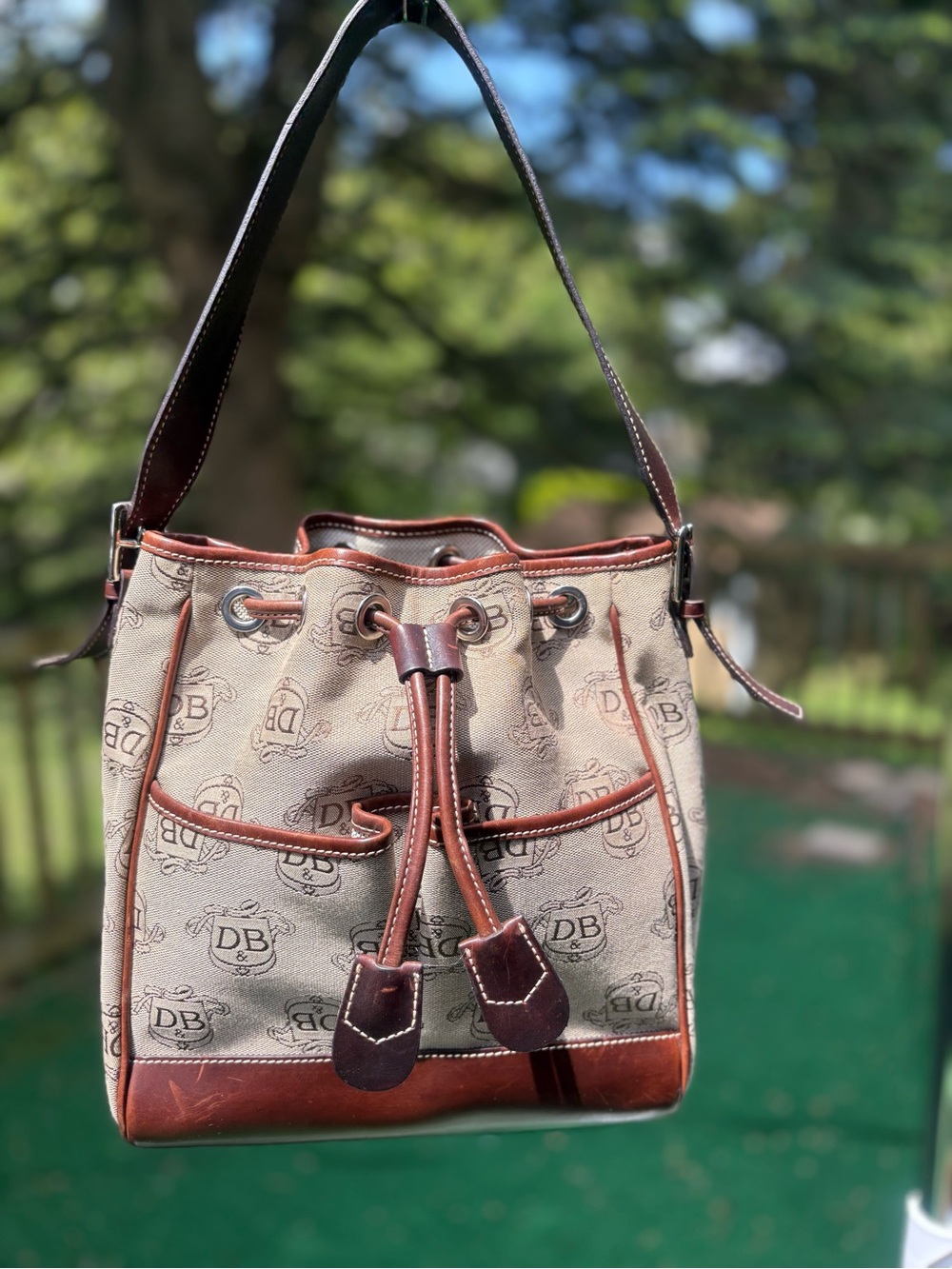 Dooney & Bourke Beige Canvas and Brown Leather Drawstring Shoulder Bag